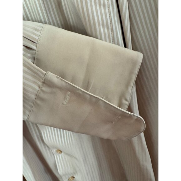 Stacy Adams Mens 22 36/37 Beige Striped Button-Up Dress Shirt Long Sleeve Polyes - Picture 4 of 4